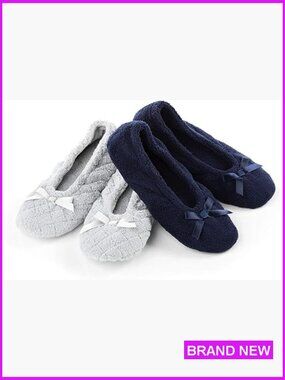 Microterry Ballerina Slippers with Satin Bow - 2 Pack Cozy Terry Cloth Suede